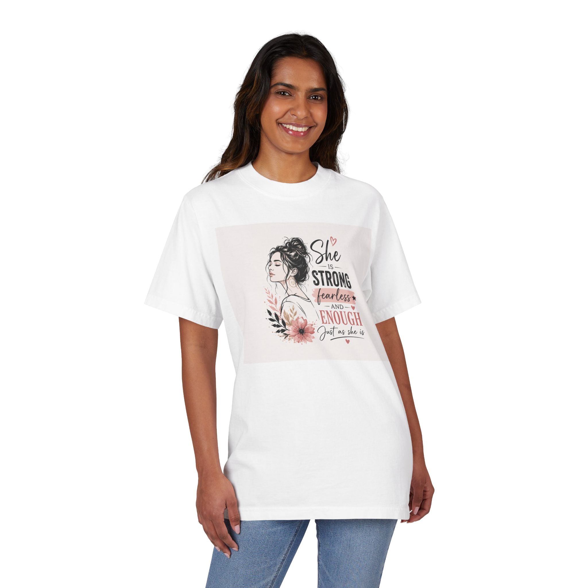 Inspirational Women’s T-Shirt — "She is Strong, Fearless and Enough" Floral Graphic