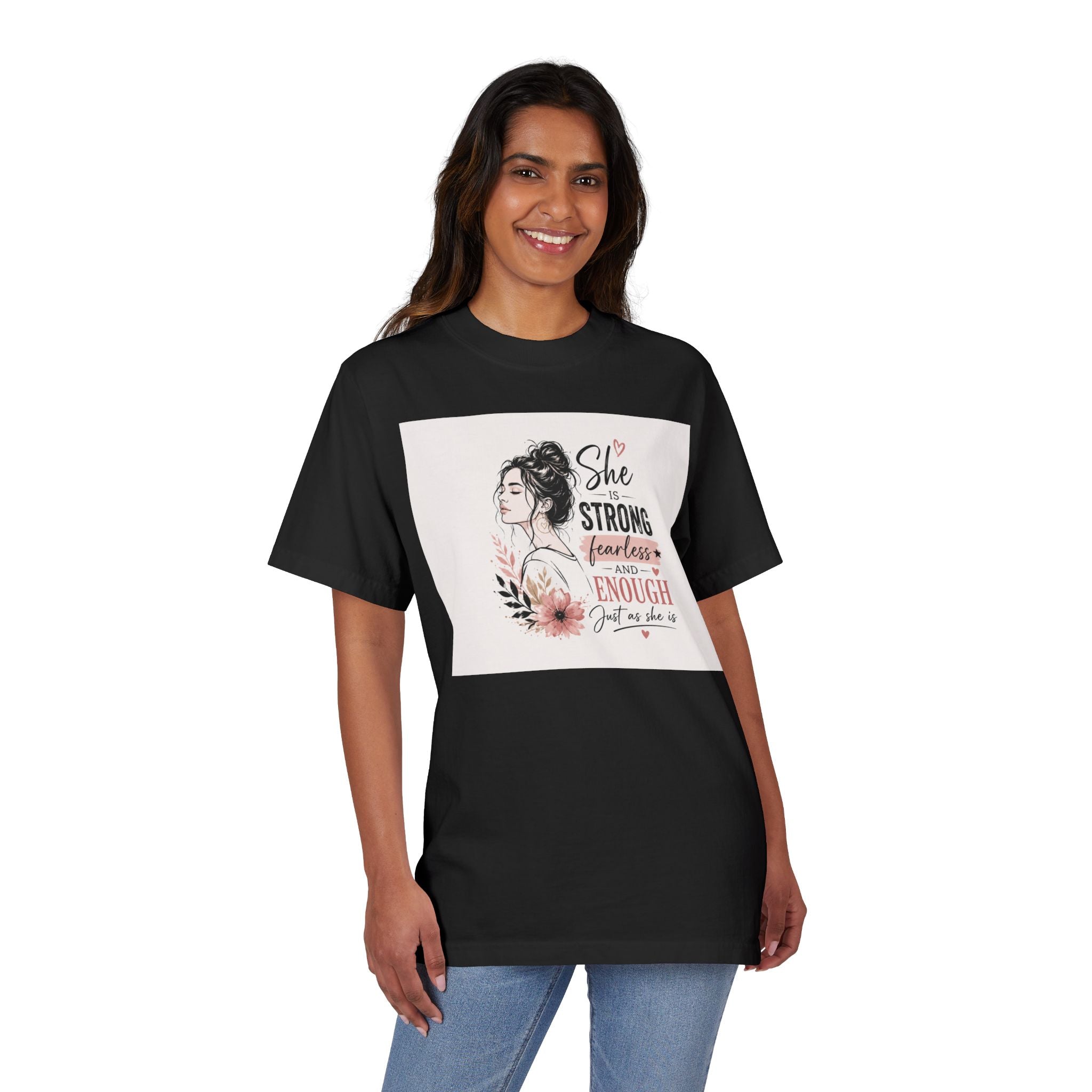Inspirational Women’s T-Shirt — "She is Strong, Fearless and Enough" Floral Graphic