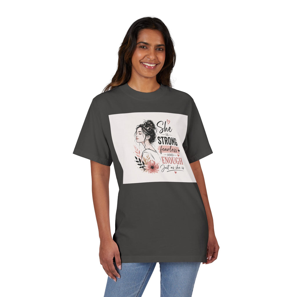Inspirational Women’s T-Shirt — "She is Strong, Fearless and Enough" Floral Graphic