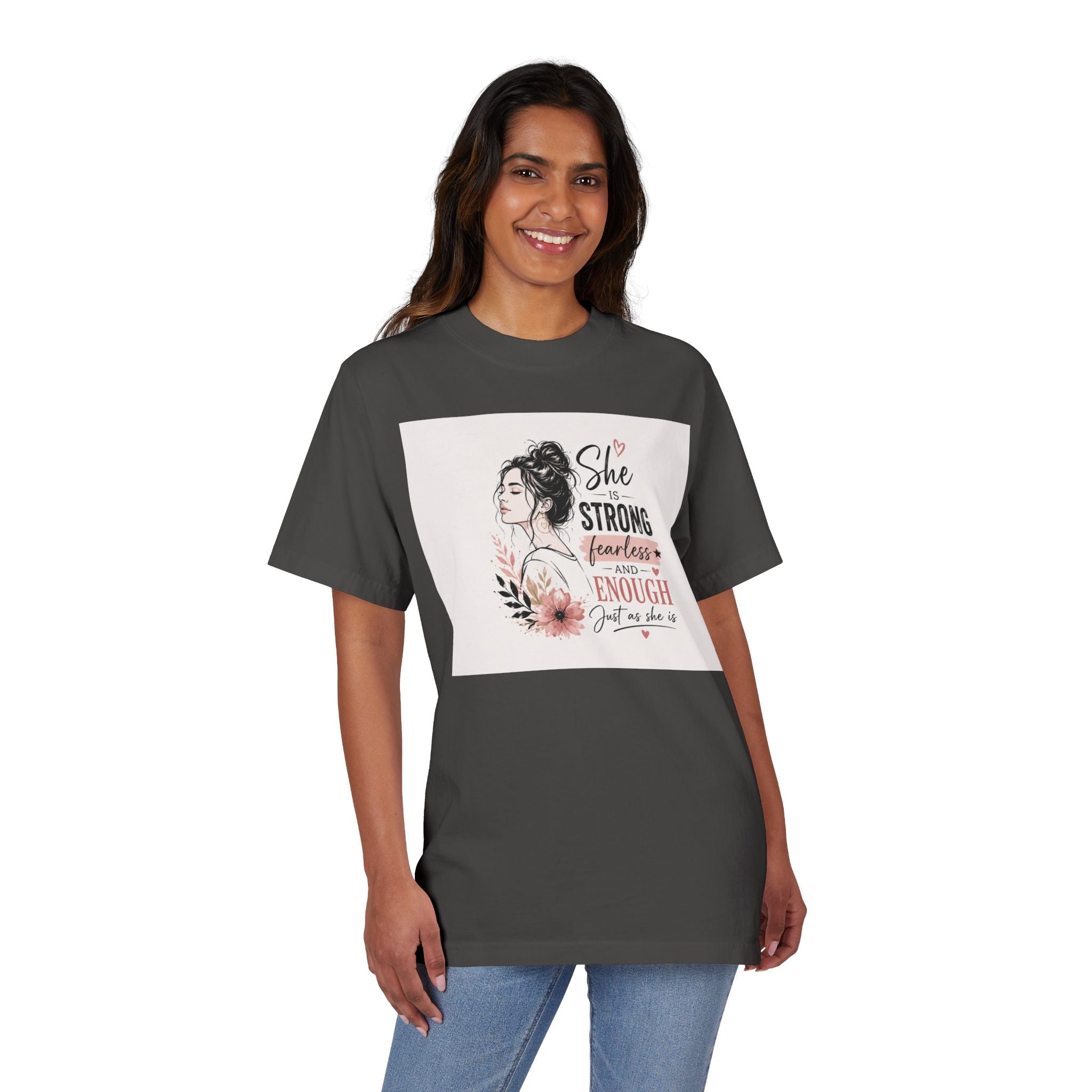 Inspirational Women’s T-Shirt — "She is Strong, Fearless and Enough" Floral Graphic