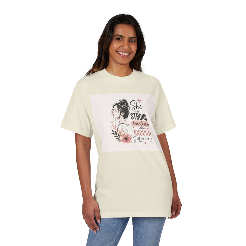 Inspirational Women’s T-Shirt — "She is Strong, Fearless and Enough" Floral Graphic