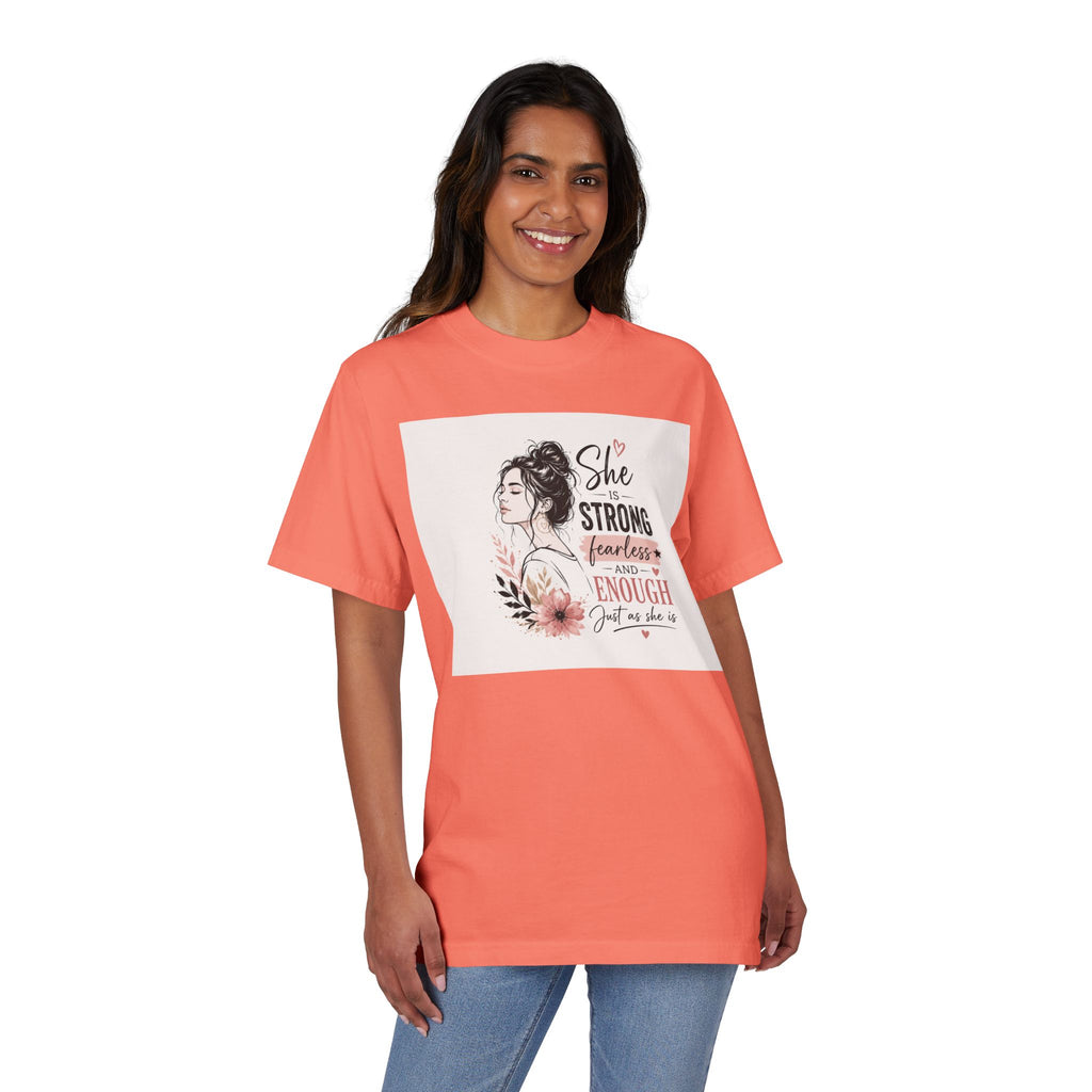 Inspirational Women’s T-Shirt — "She is Strong, Fearless and Enough" Floral Graphic